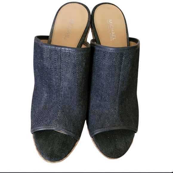 Michael Kors Hastings Mule Blue Fabric Peep Toe Wedge Size 7.5 - Picture 8 of 9